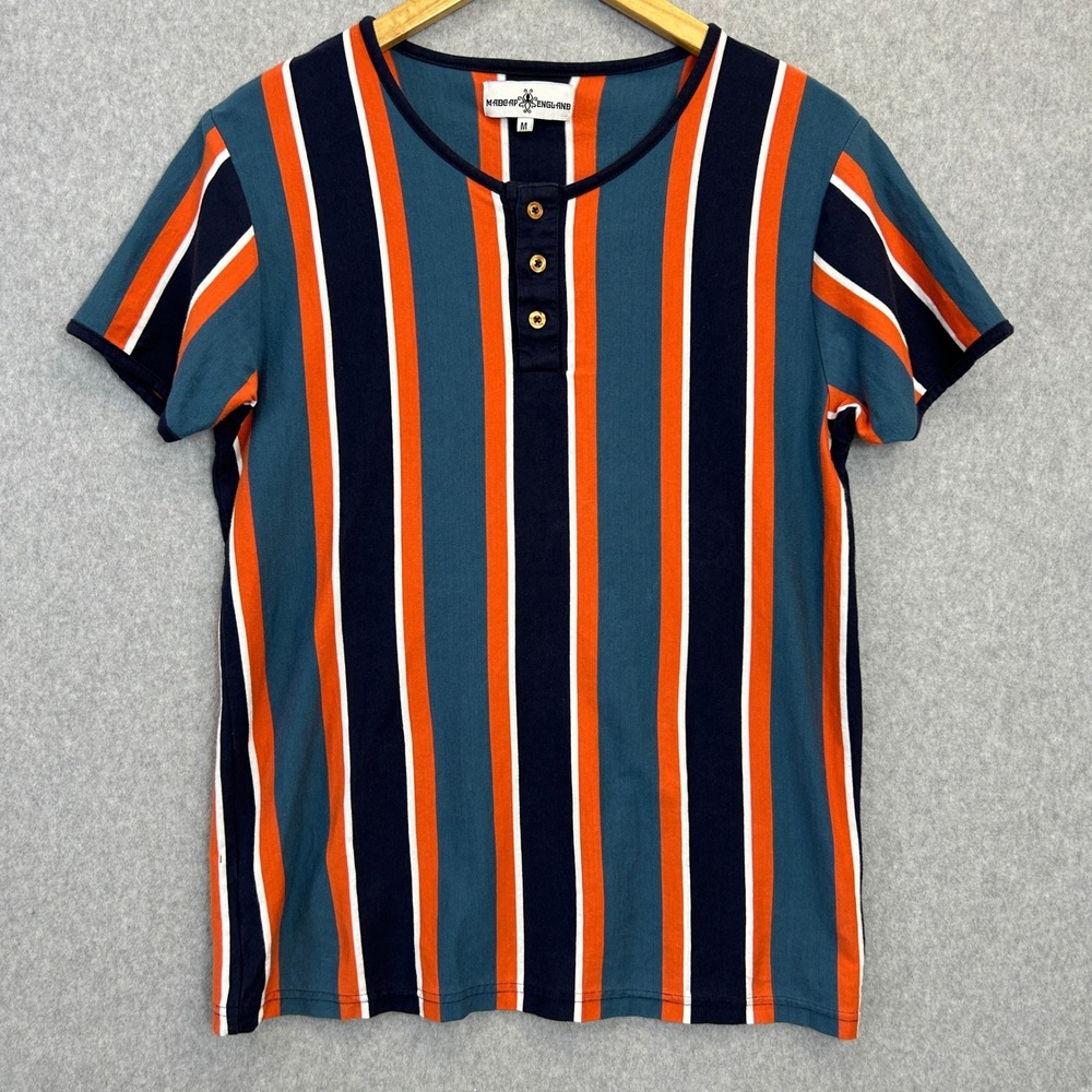 Madcap England Henley Shirt Vertical Stripe Mod Retro Granddad Mens Size Medium